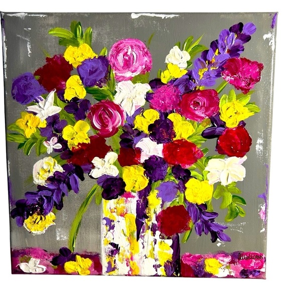 Original Acrylic Canvas Art Bountiful Boquet Impressionism - Picture 1 of 14